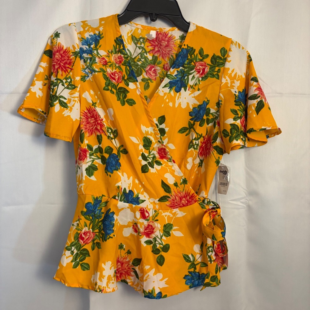 Live 4 Truth Charlotte Russe‎ Yellow Floral Wrap Peplum Top NWT Small 5054-1